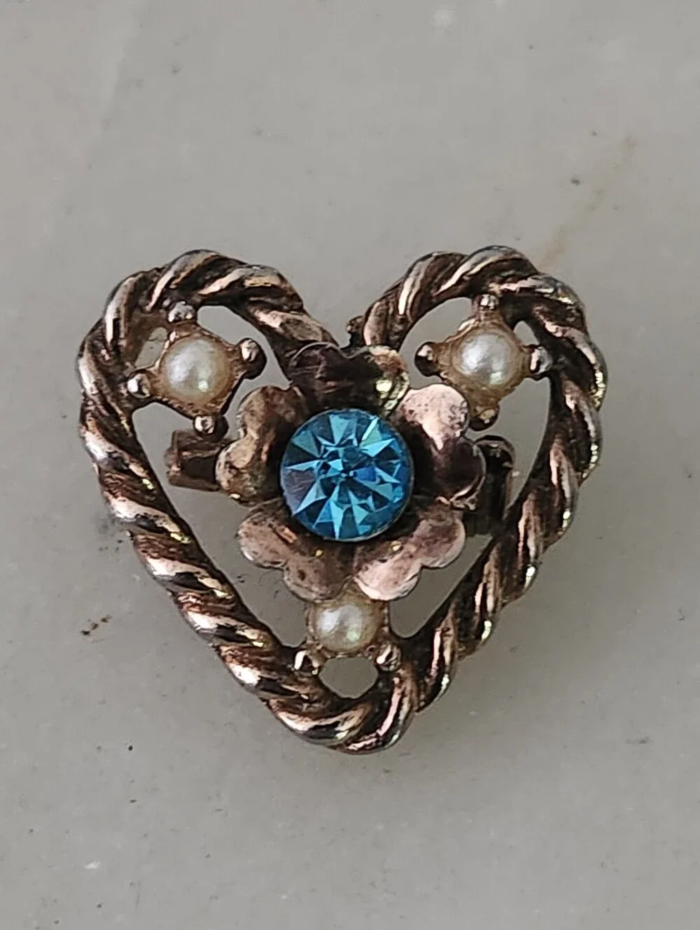 Vintage Heart Brooch with Blue Crystal and Faux Pearl Accents